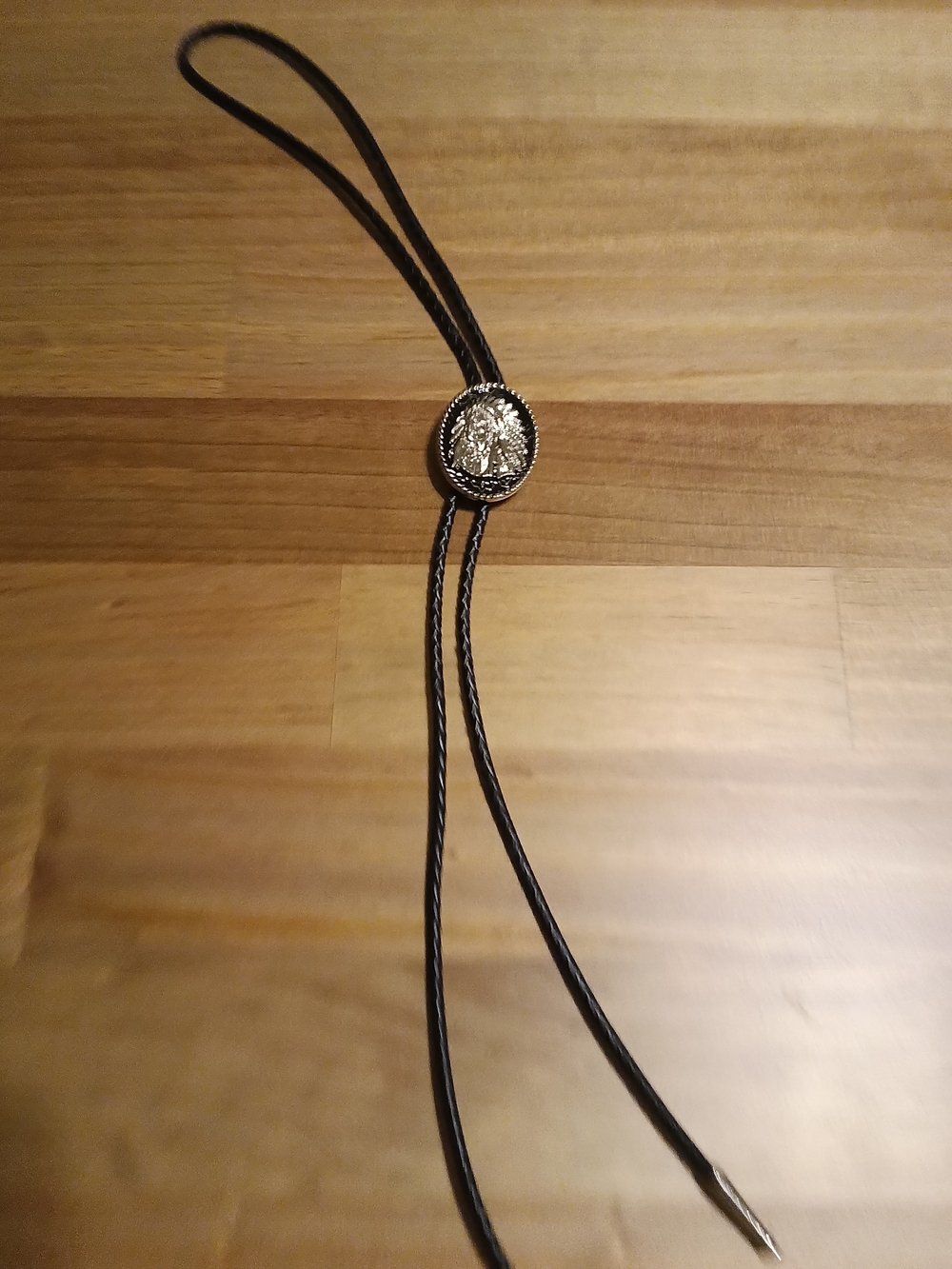 Western Bolo Tie with Silver Native Chief Medallion - Black - Picture 2 of 5